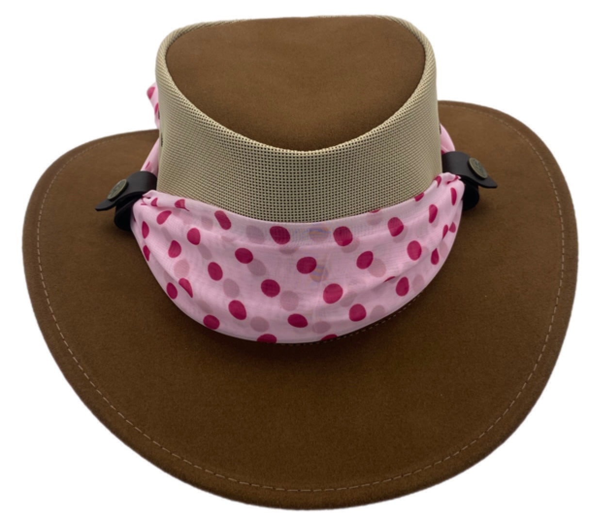 Brown wide-brimmed hat with a leopard print scarf on a white background