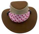 Brown wide-brimmed hat with a leopard print scarf on a white background