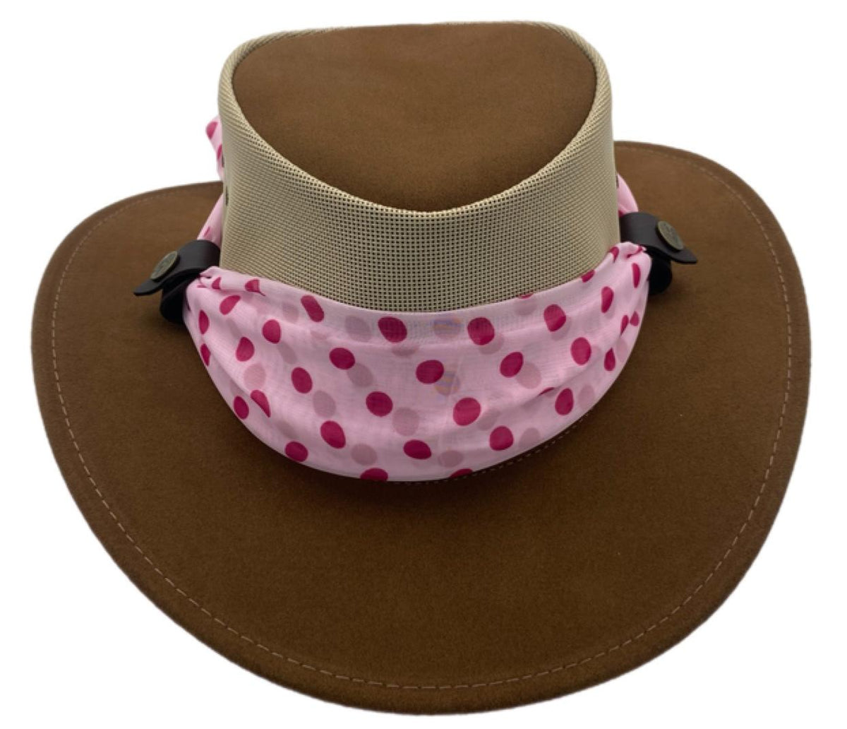 Brown wide-brimmed hat with a leopard print scarf on a white background