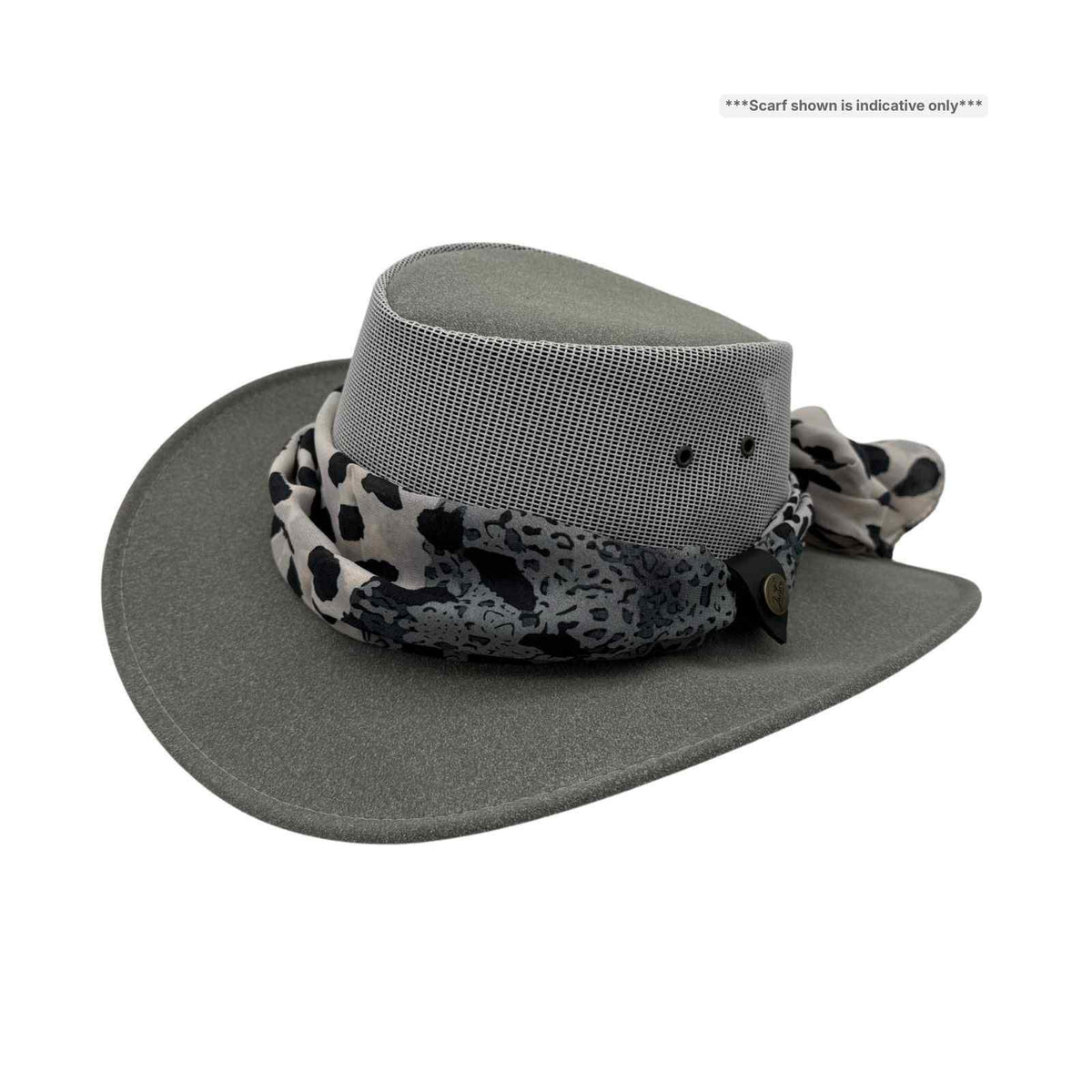 Gray Horizon Hat with Scarf patterned band on a white background