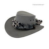 Gray Horizon Hat with Scarf patterned band on a white background