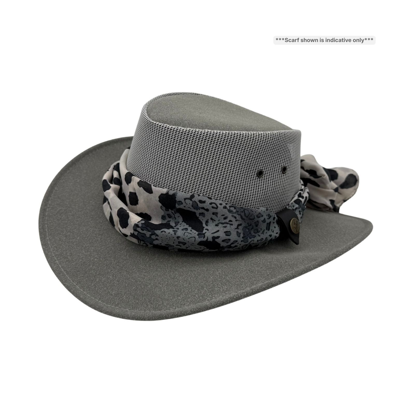 Gray Horizon Hat with Scarf patterned band on a white background