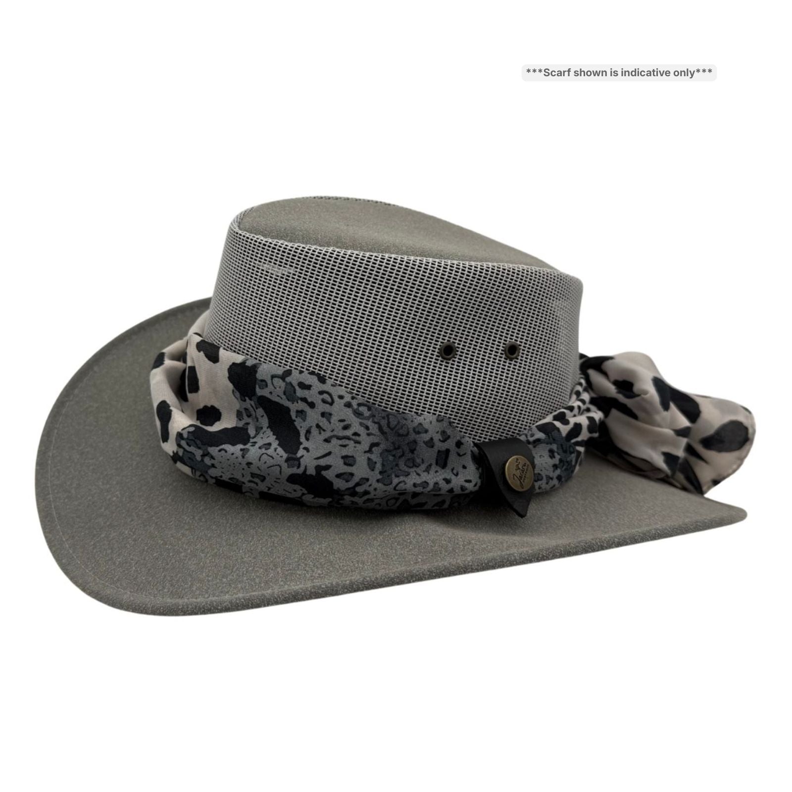 Gray Horizon Hat with Scarf patterned band on a white background