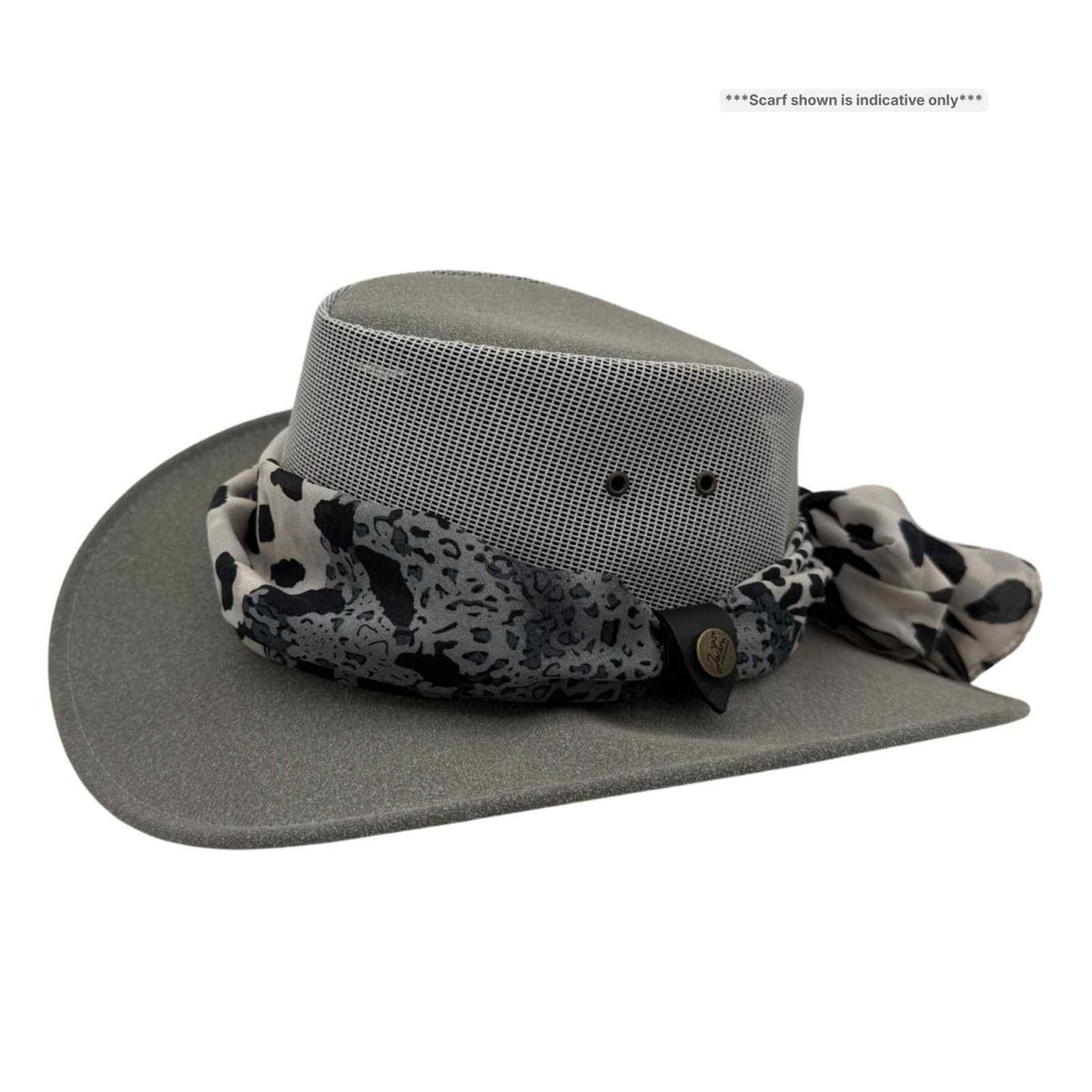 Gray Horizon Hat with Scarf patterned band on a white background