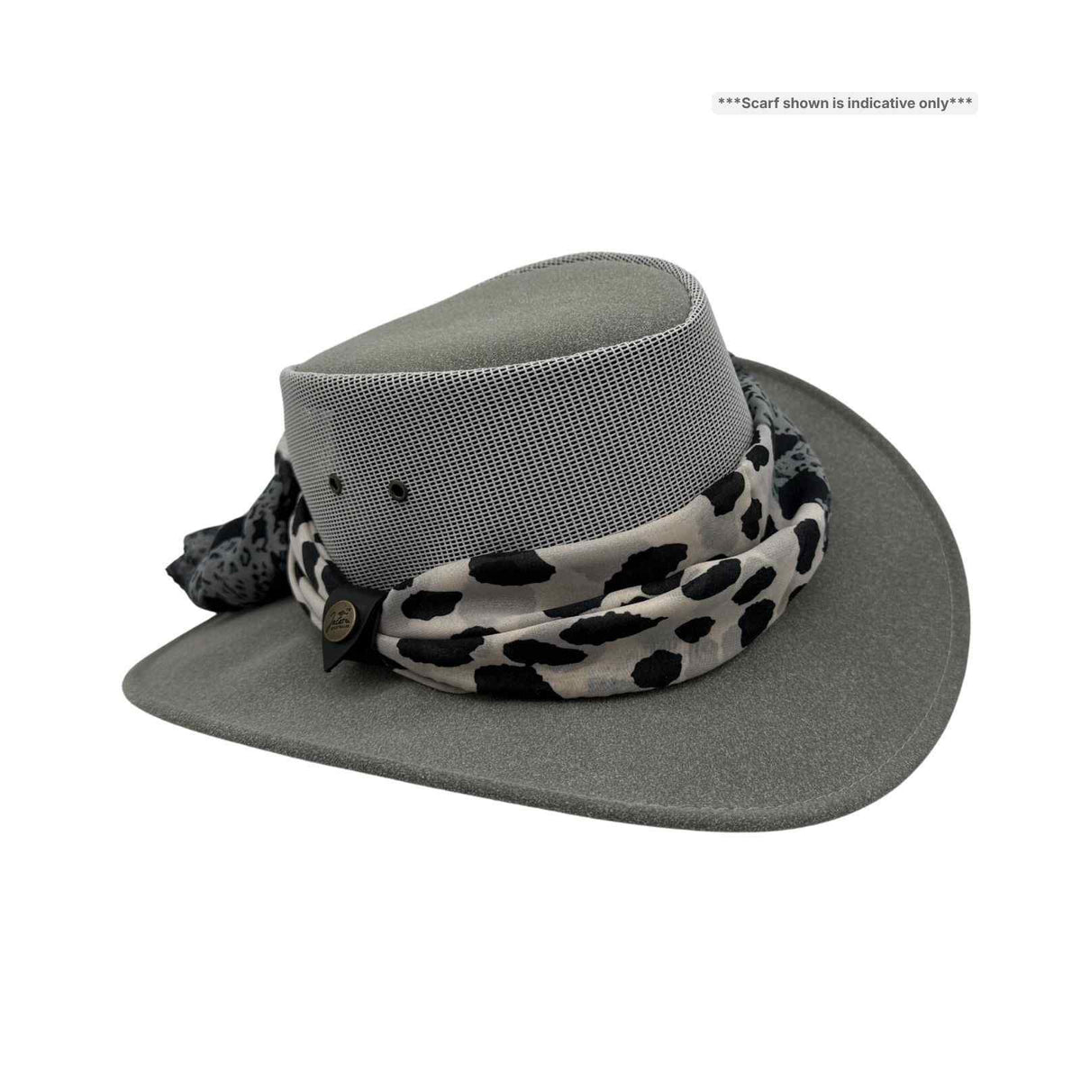 Gray Horizon Hat with Scarf patterned band on a white background