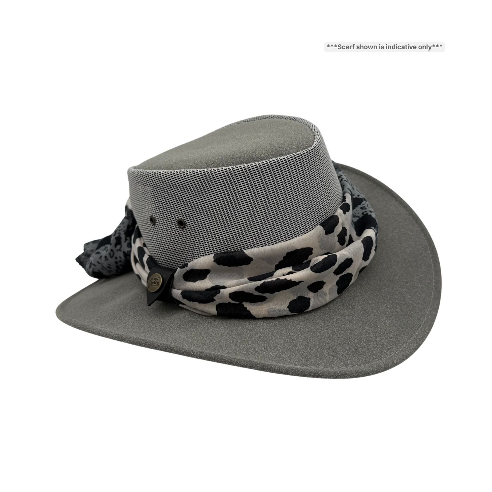 Gray Horizon Hat with Scarf patterned band on a white background