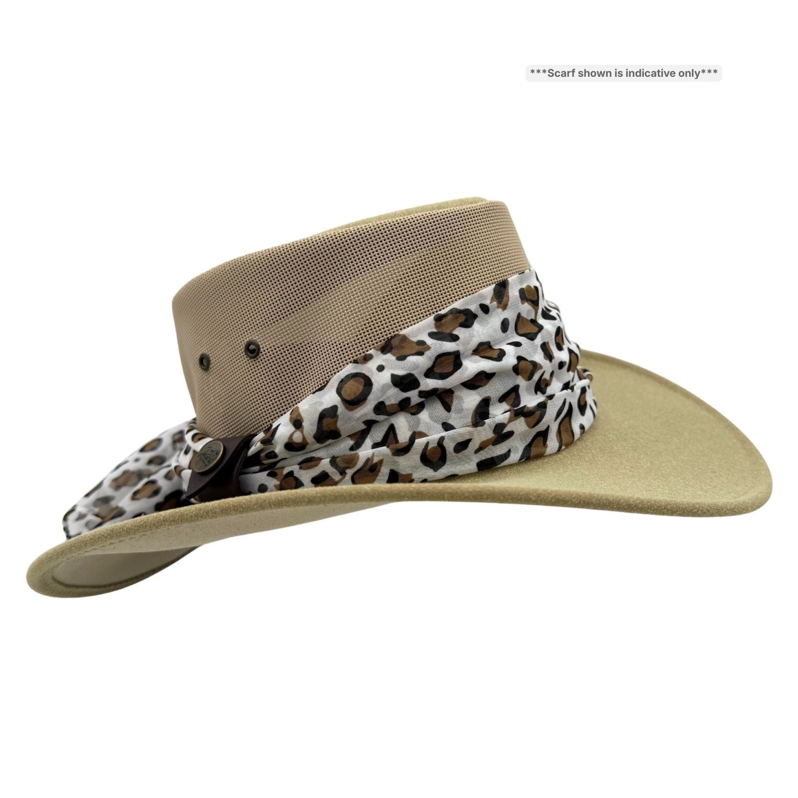 sand Horizon Hat with Scarf leopard print scarf on a white background