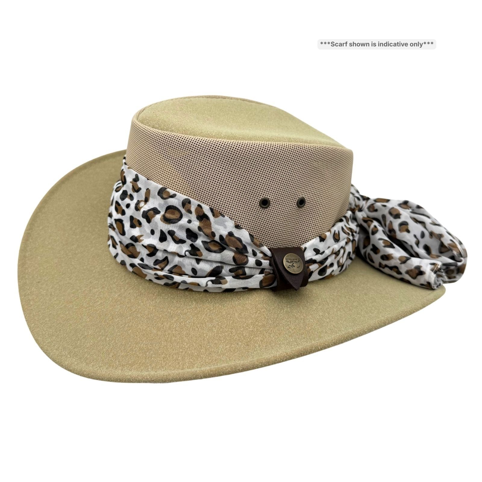 sand Horizon Hat with Scarf leopard print scarf on a white background