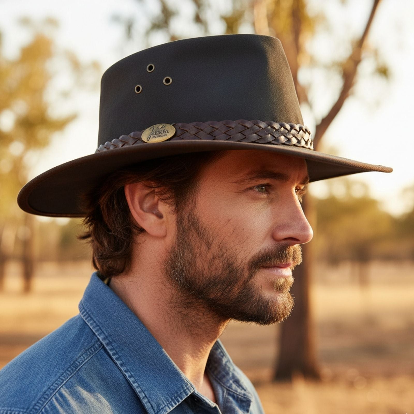 Man wearing a brown Jacaru 1026A Knockabout Hat with a blurred natural background