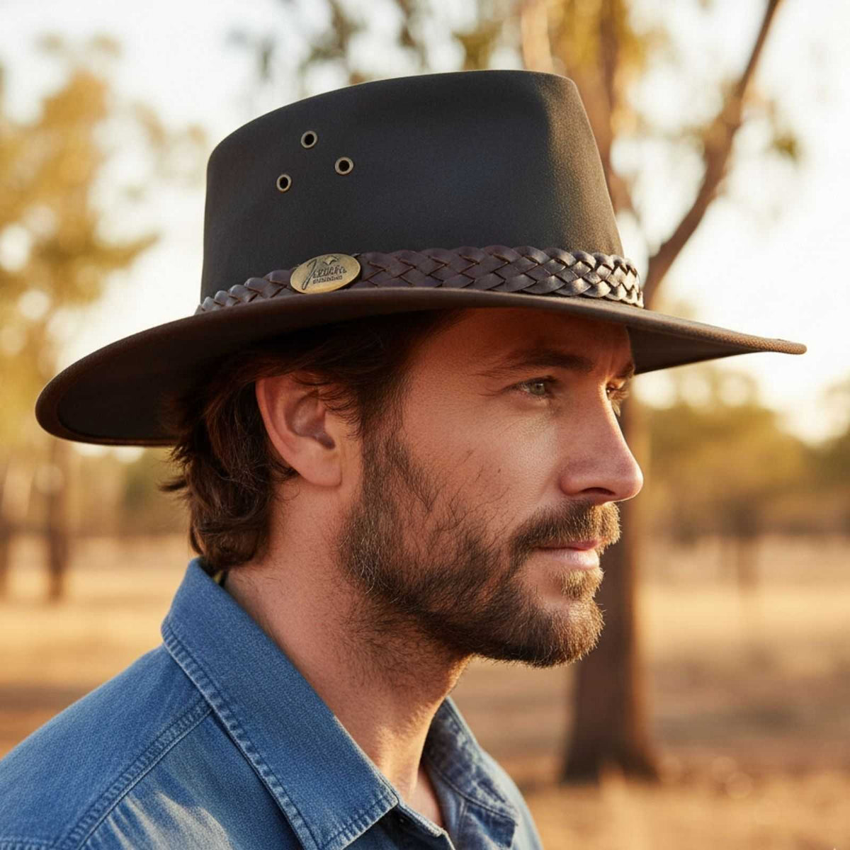 Man wearing a brown Jacaru 1026A Knockabout Hat with a blurred natural background