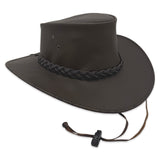 A wide-brimmed, outback-style hat in a matte dark brown finish
