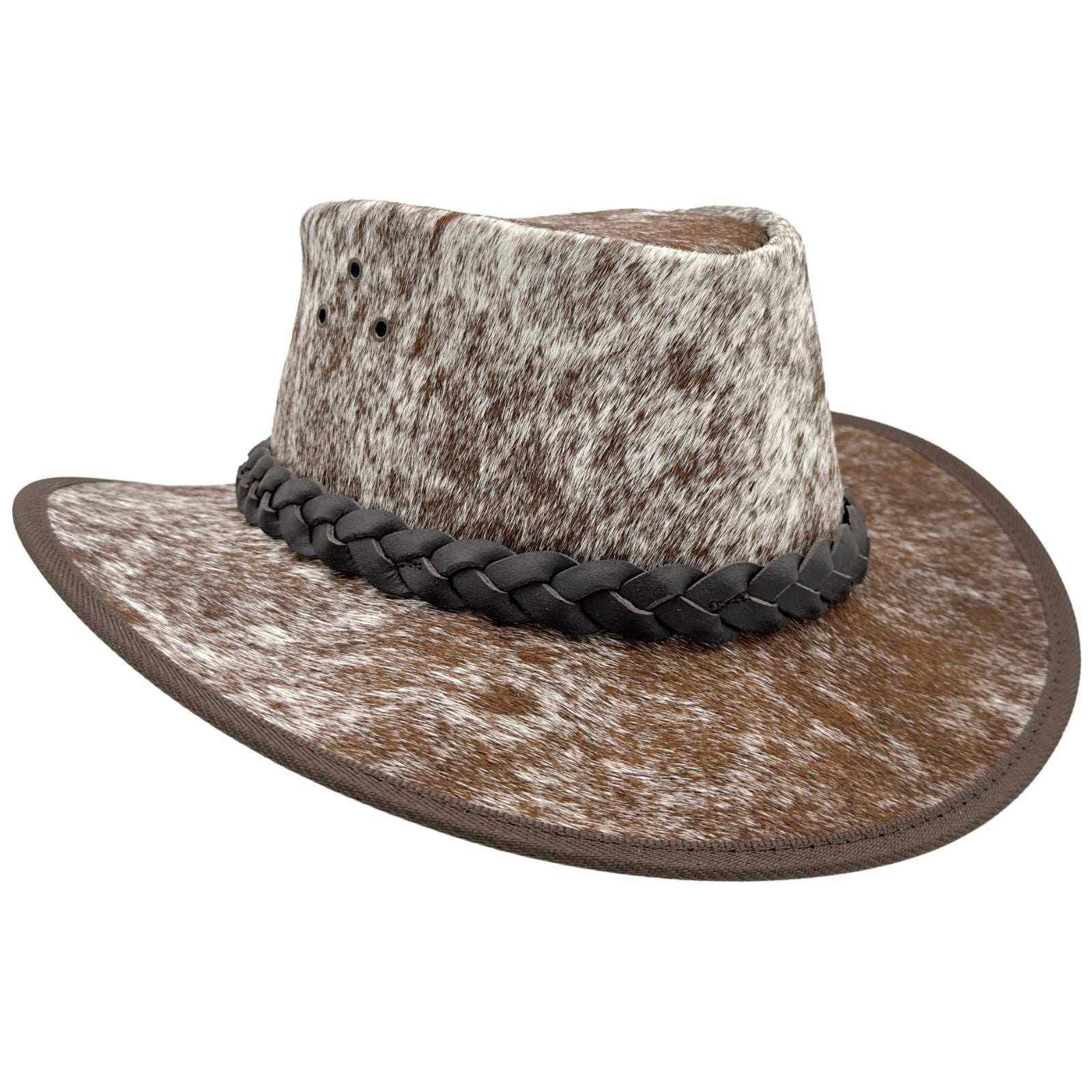 A Jacaru 1049 Rustler leather hat with a cowhide pattern and a braided leather band.