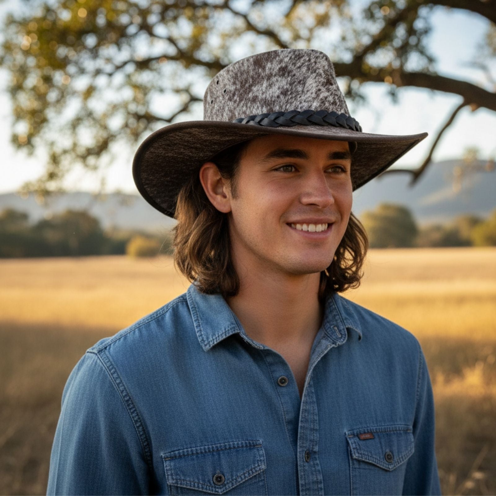 Man wearing a Rustler Leather Hatand blue shirt in a field with trees in the background