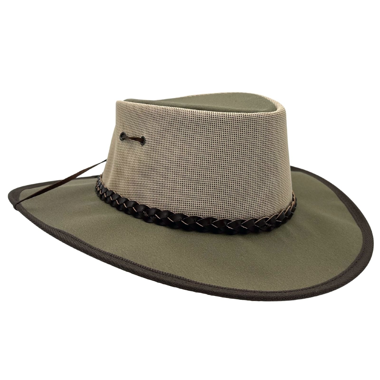 A khaki Jacaru 104 Bushbreeze Camper hat with a mesh crown and chinstrap.