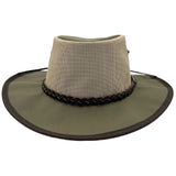 A khaki Jacaru 104 Bushbreeze Camper hat with a mesh crown and chinstrap.