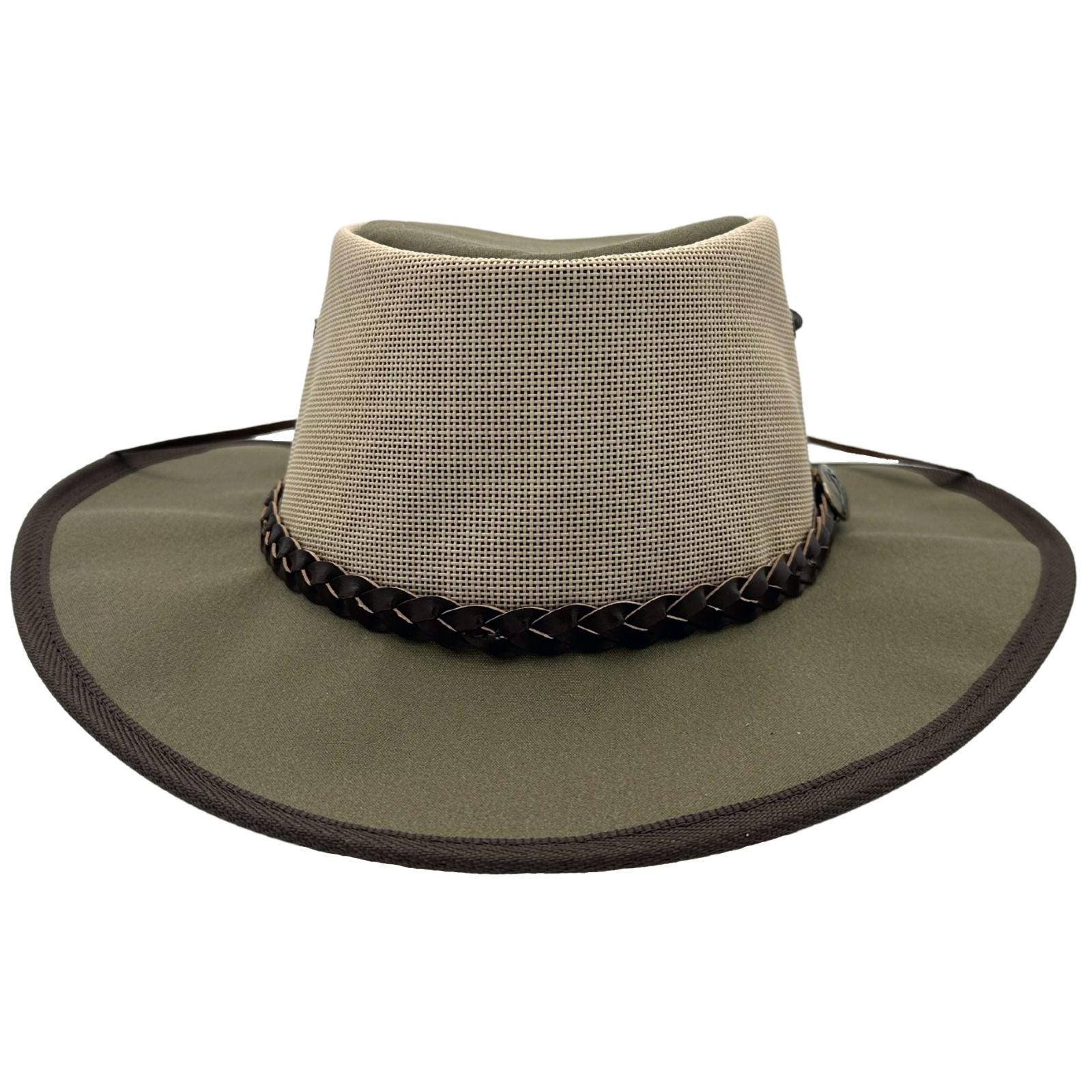 A khaki Jacaru 104 Bushbreeze Camper hat with a mesh crown and chinstrap.