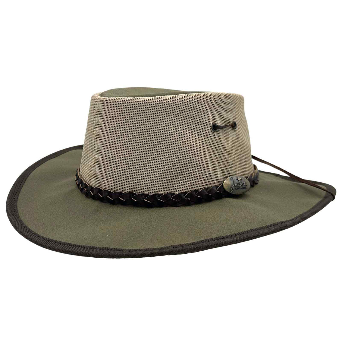 A khaki Jacaru 104 Bushbreeze Camper hat with a mesh crown and chinstrap.