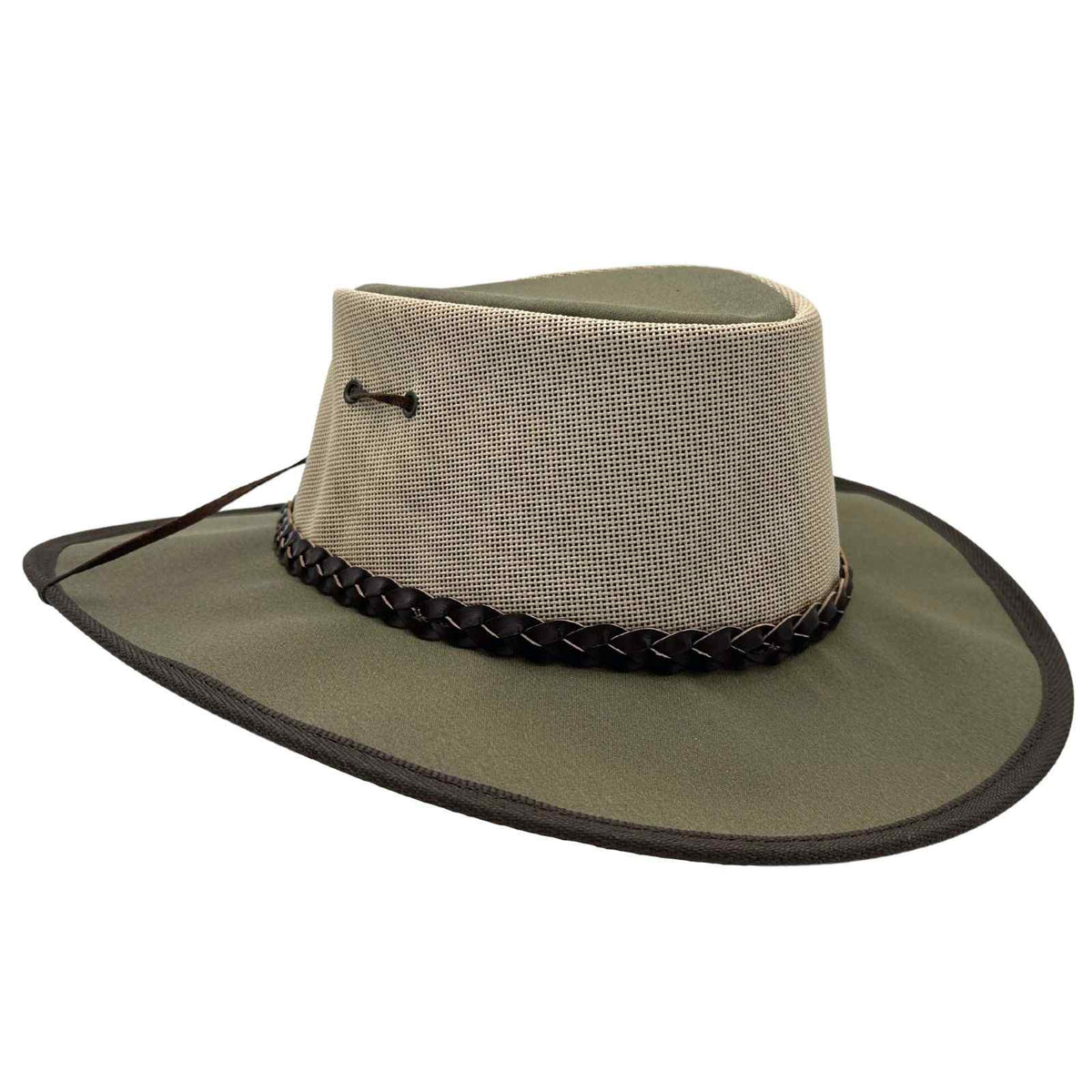 A khaki Jacaru 104 Bushbreeze Camper hat with a mesh crown and chinstrap.