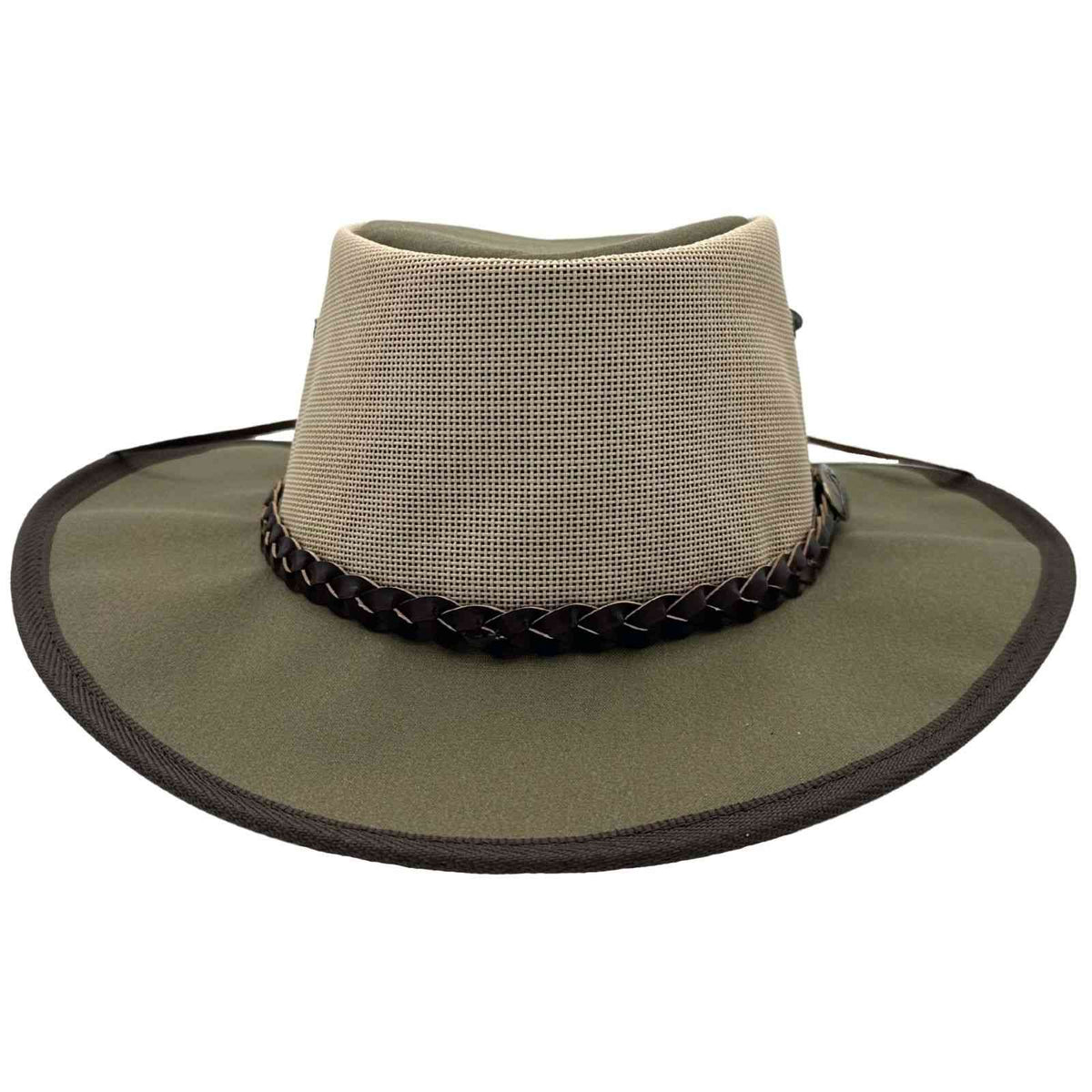 A khaki Jacaru 104 Bushbreeze Camper hat with a mesh crown and chinstrap.