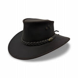 A black oiled bovine leather hat with a braided band, featuring eyelets and a flat brim.