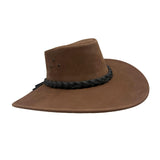 Brown leather hat with a black braided band on a white background