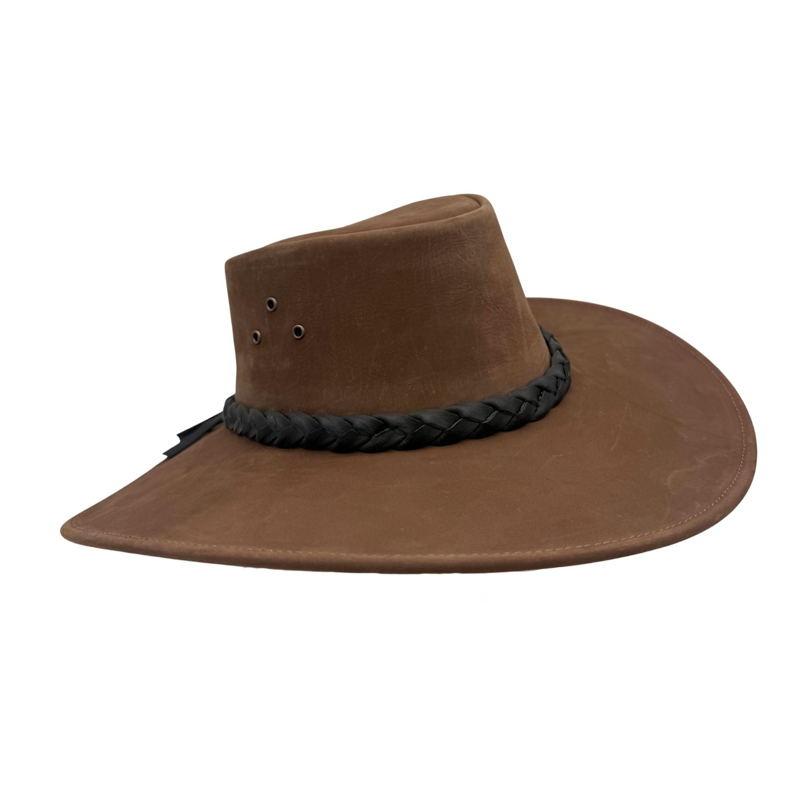 Brown leather hat with a black braided band on a white background