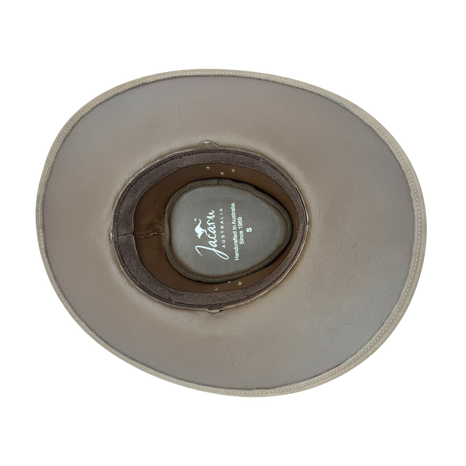 Inside a tan Jacaru Australia wide-brim hat.