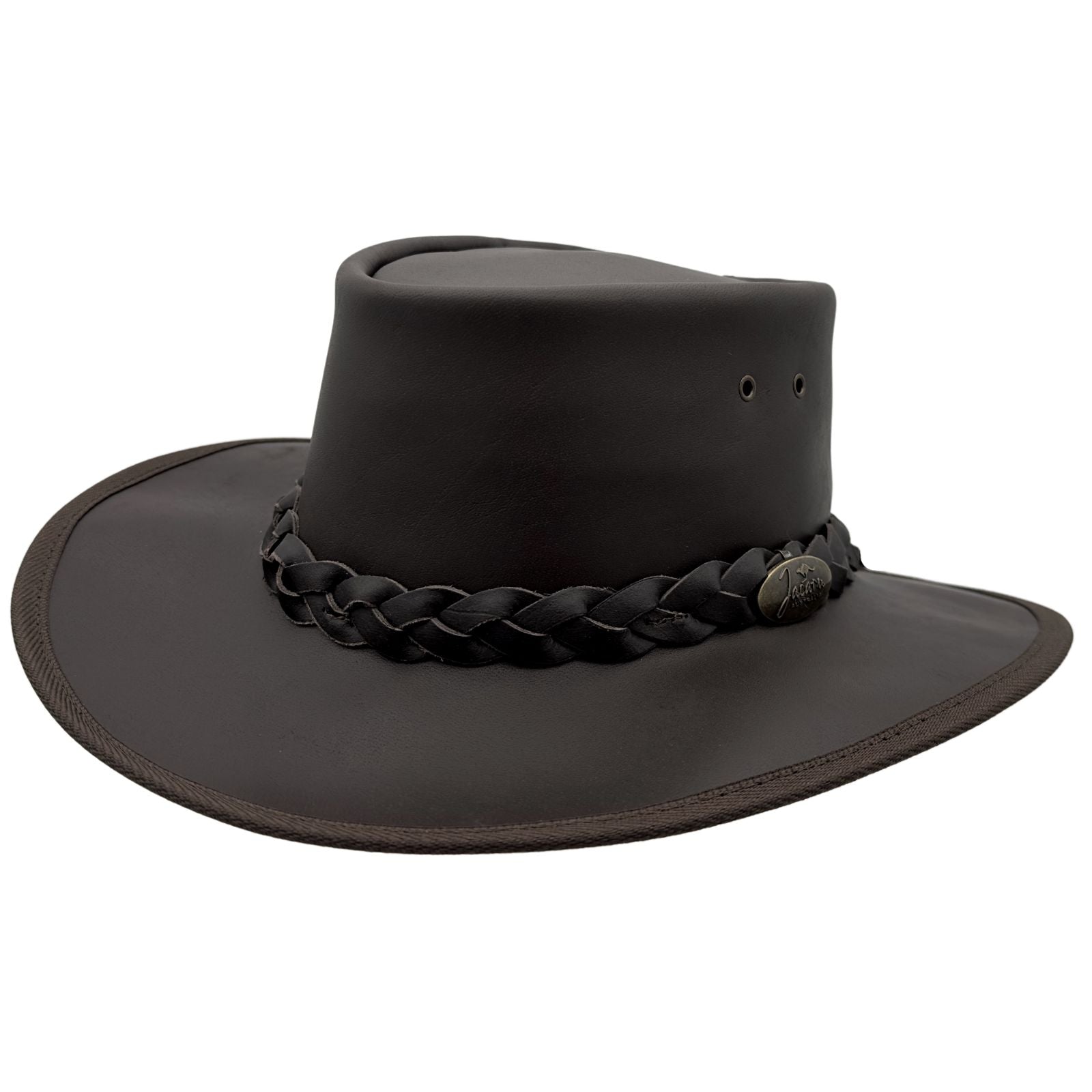A brown Jacaru 1092 Stockman hat with a braided band and a small Jacaru logo on the front, designed for sun protection.
