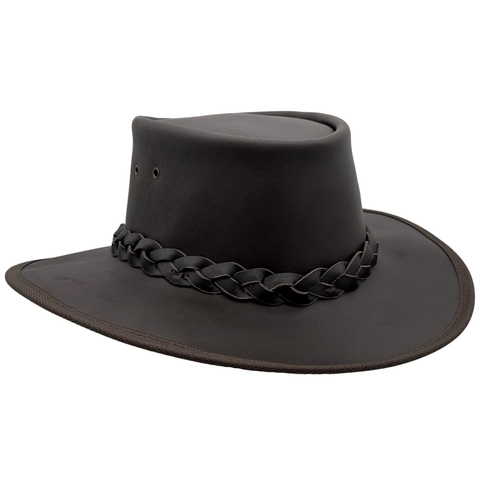 A brown Jacaru 1092 Stockman hat with a braided band and a small Jacaru logo on the front, designed for sun protection.