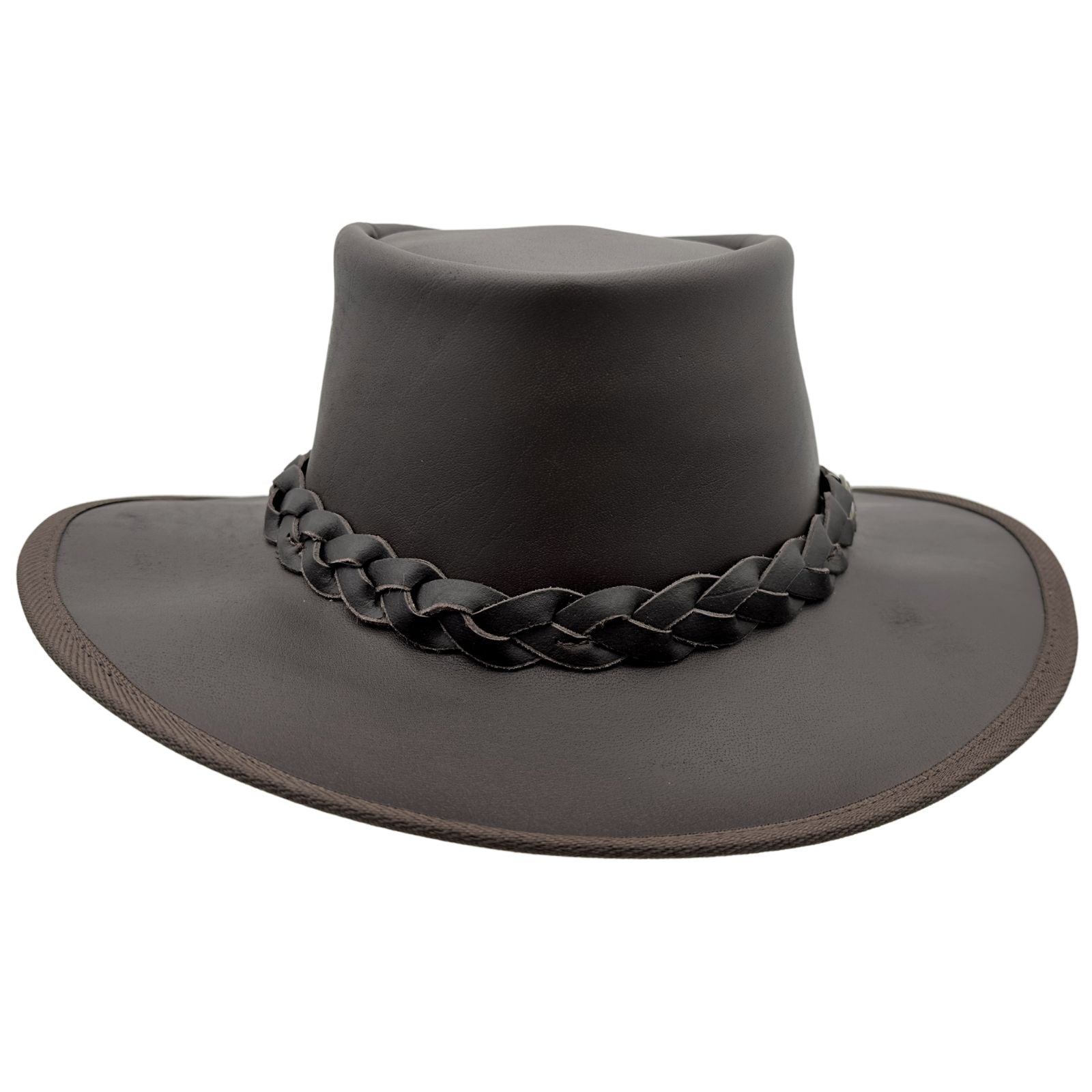 A brown Jacaru 1092 Stockman hat with a braided band and a small Jacaru logo on the front, designed for sun protection.