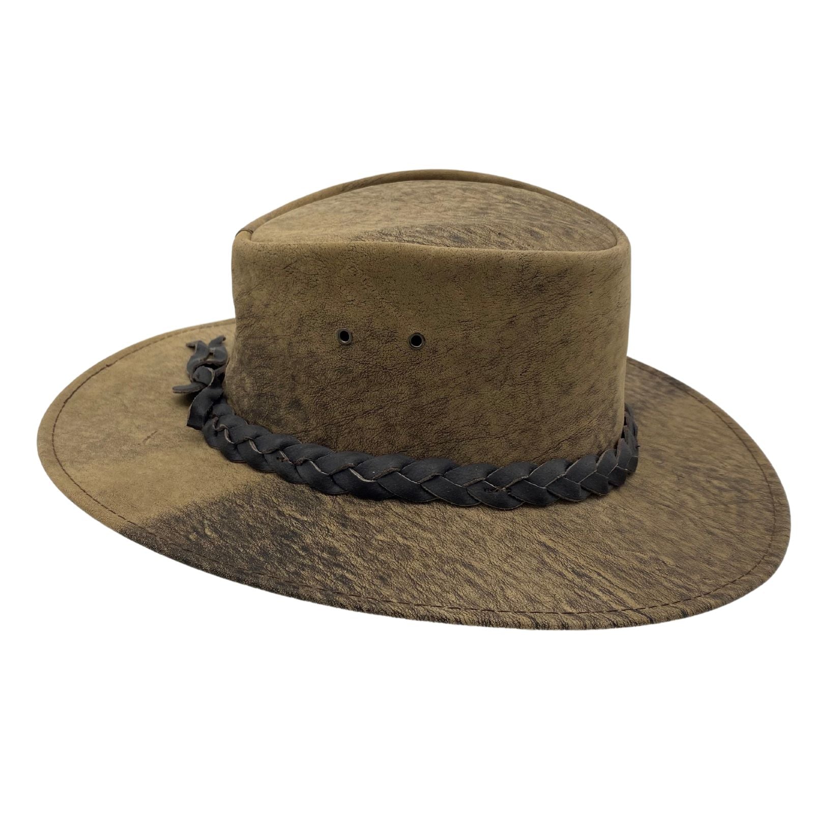 A Stonewash kangaroo leather hat with a moldable wire brim and a braided band, made in Australia.