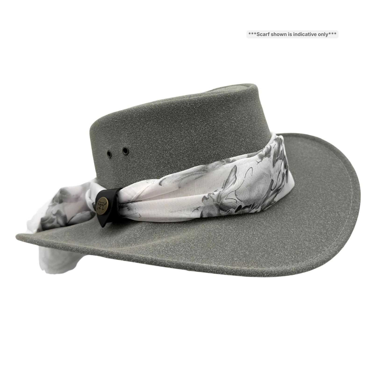 Gray Jacaru 1103 Alice Hat with a patterned scarf on a white background