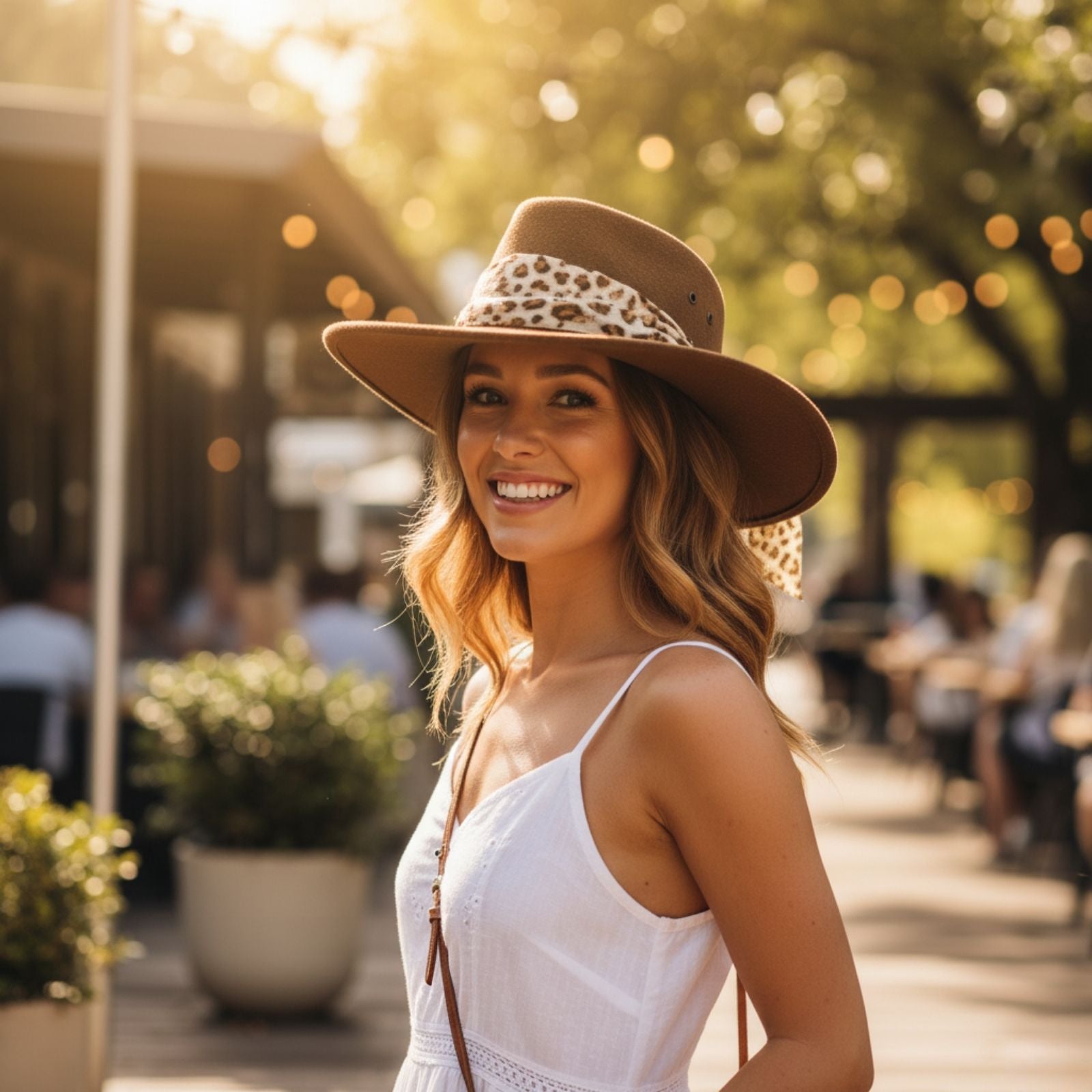 Woman wearing a Jacaru 1103 Alice Hat with a leopard print band, smiling outdoors.
