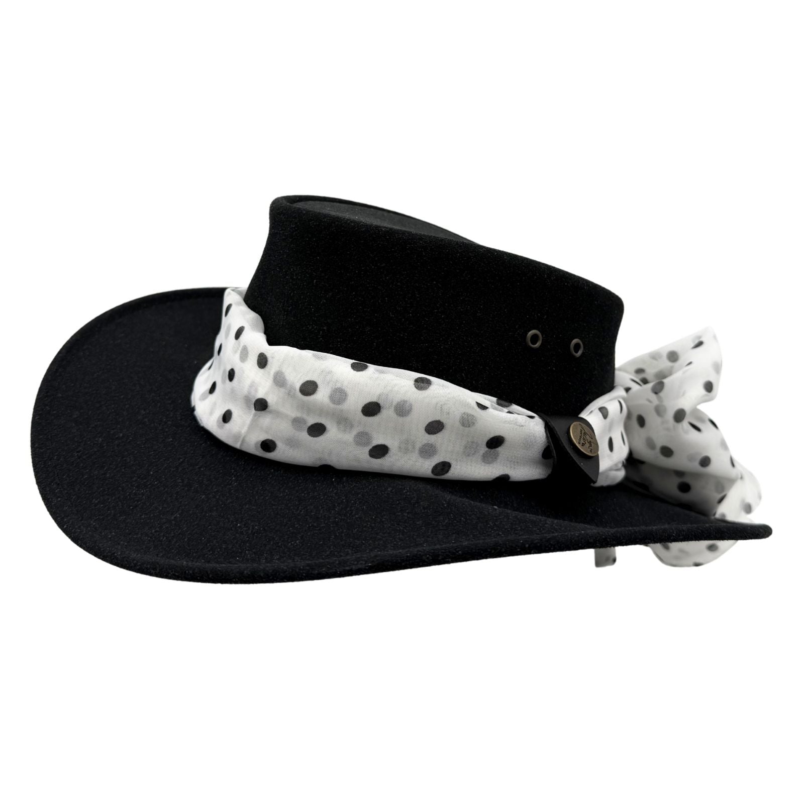 Black Jacaru 1103 Alice Hat with a white polka dot bandana on a white background