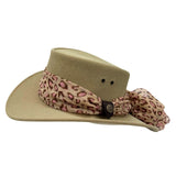 Sand Jacaru 1103 Alice Hat with a leopard print bandana tied around it on a white background