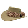 Sand Jacaru 1103 Alice Hat with a leopard print bandana tied around it on a white background