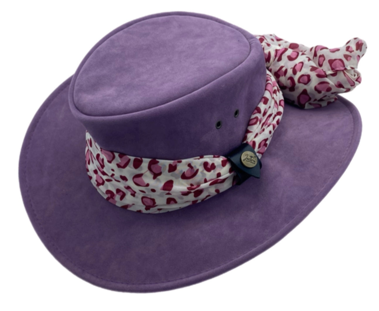 A Purple Jacaru 1103 Alice hat made from vegan leather, featuring a wide brim and a multicolored scarf adorned around the base.