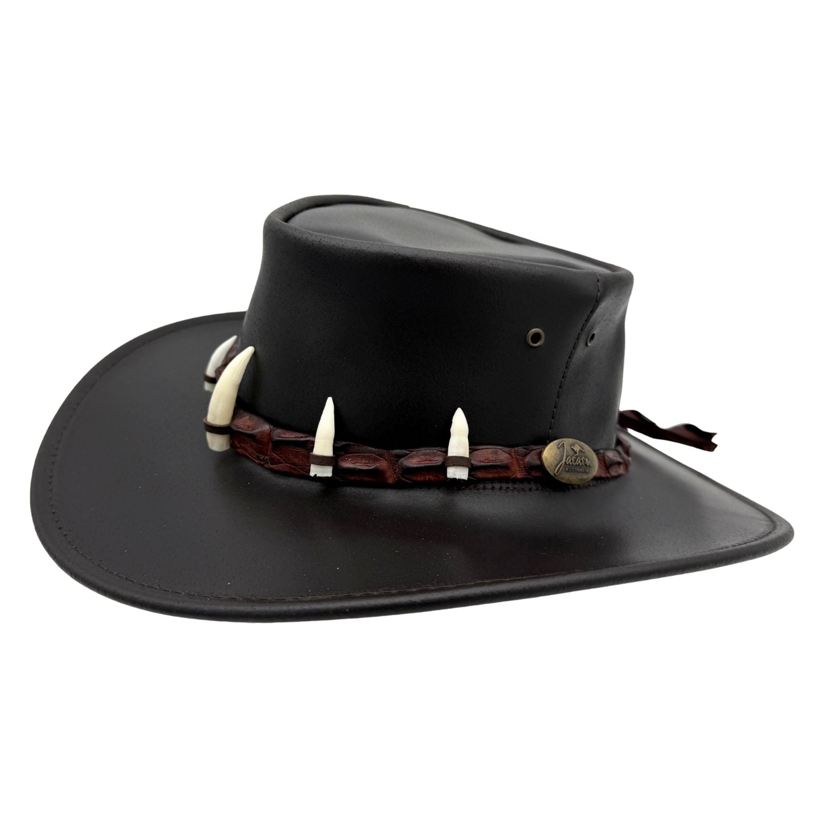 Black leather Croc Hunter Hat with decorative elements on a white background