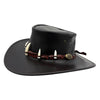 Black leather Croc Hunter Hat with decorative elements on a white background
