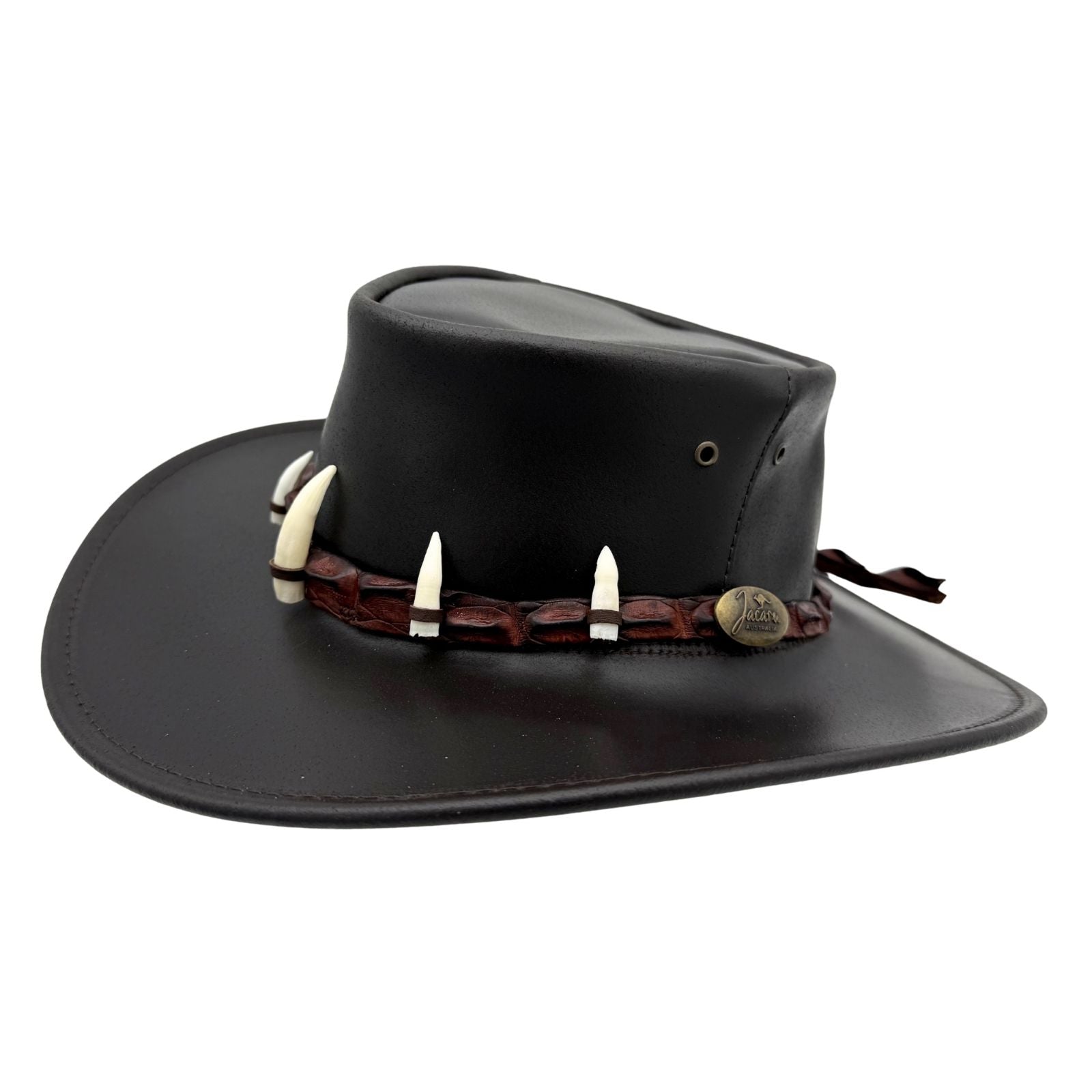 Black leather Croc Hunter Hat with decorative elements on a white background