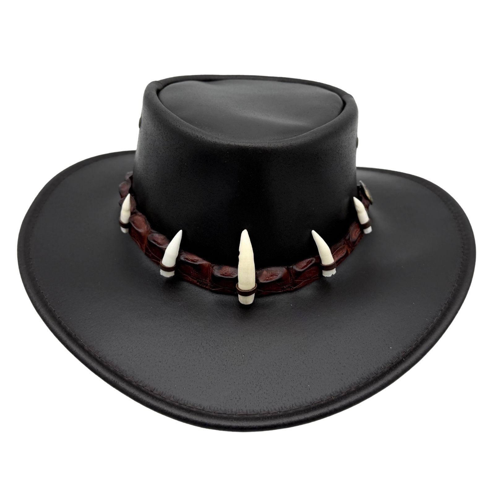 Black leather Croc Hunter Hat with decorative elements on a white background