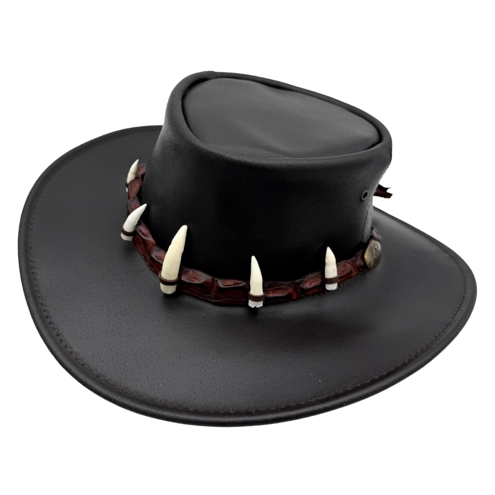 Black leather Croc Hunter Hat with decorative elements on a white background