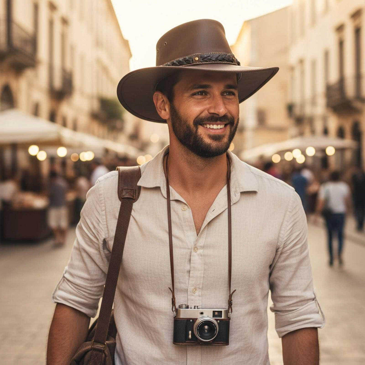 Man wearing a wide-brimmed hat and carrying a camera, standing on a street.