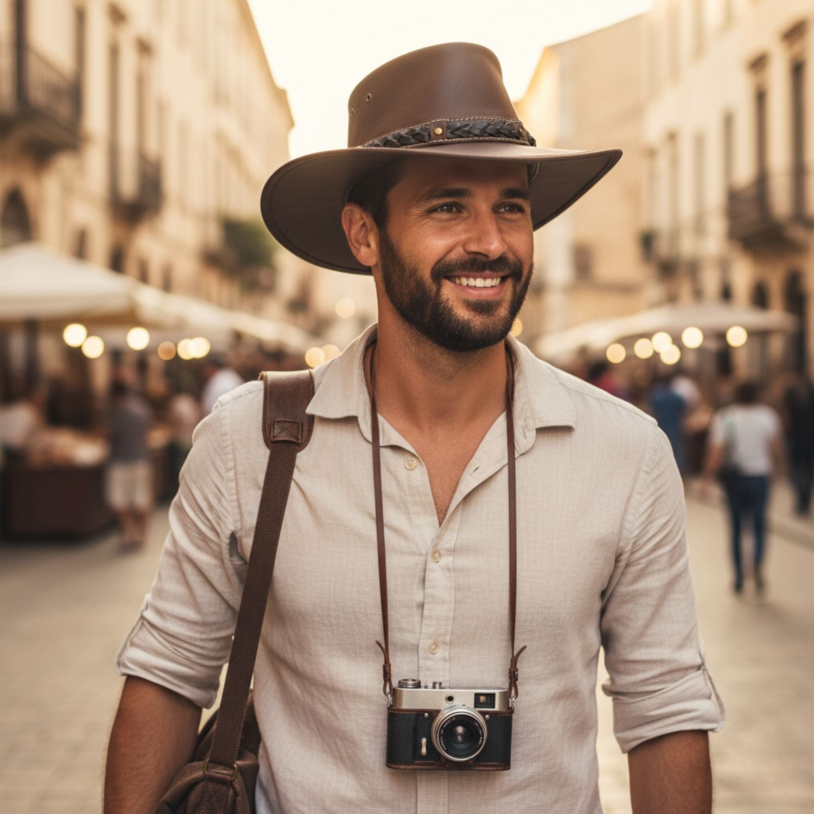 Man wearing a wide-brimmed hat and carrying a camera, standing on a street.