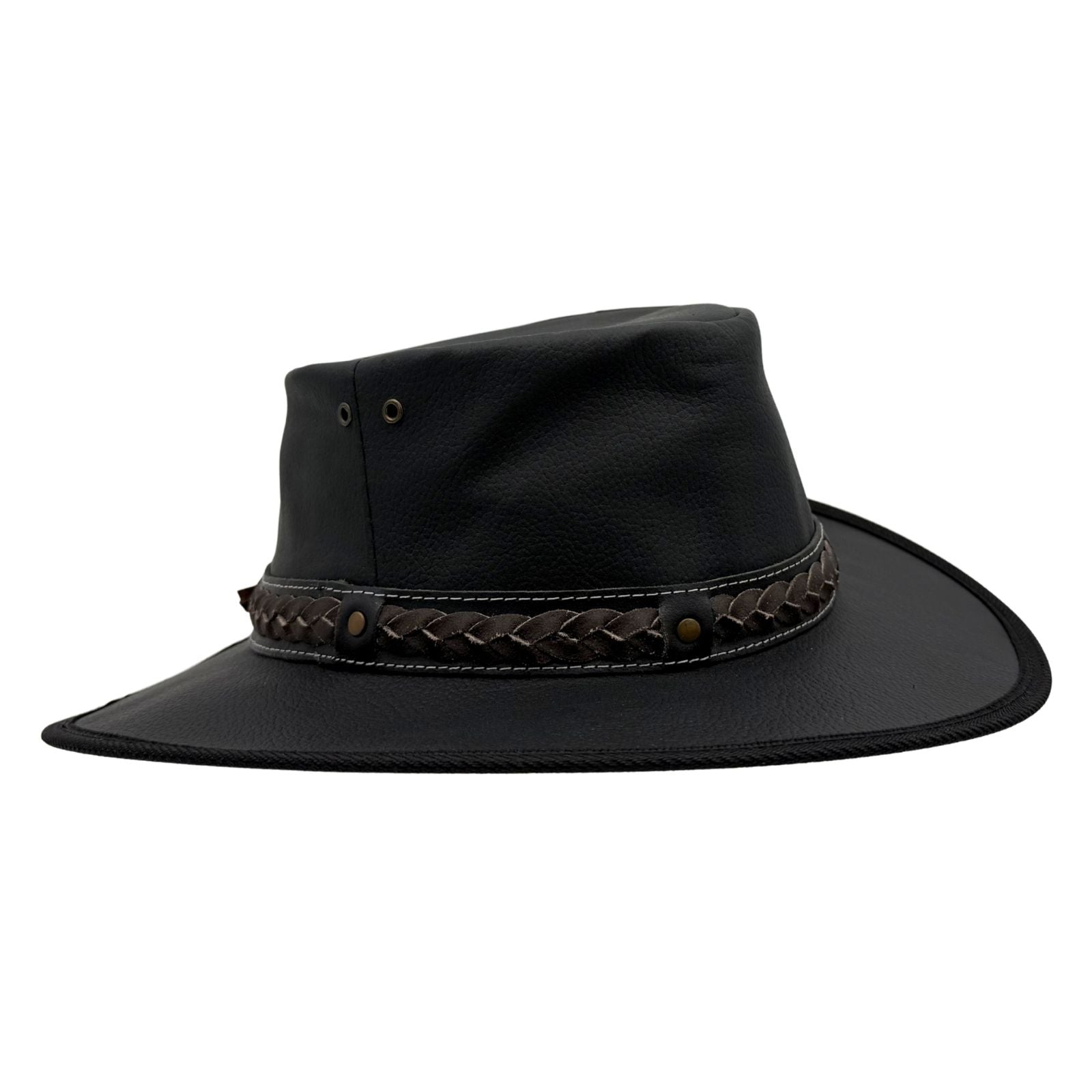 Black wide-brimmed hat with a braided leather band on a white background
