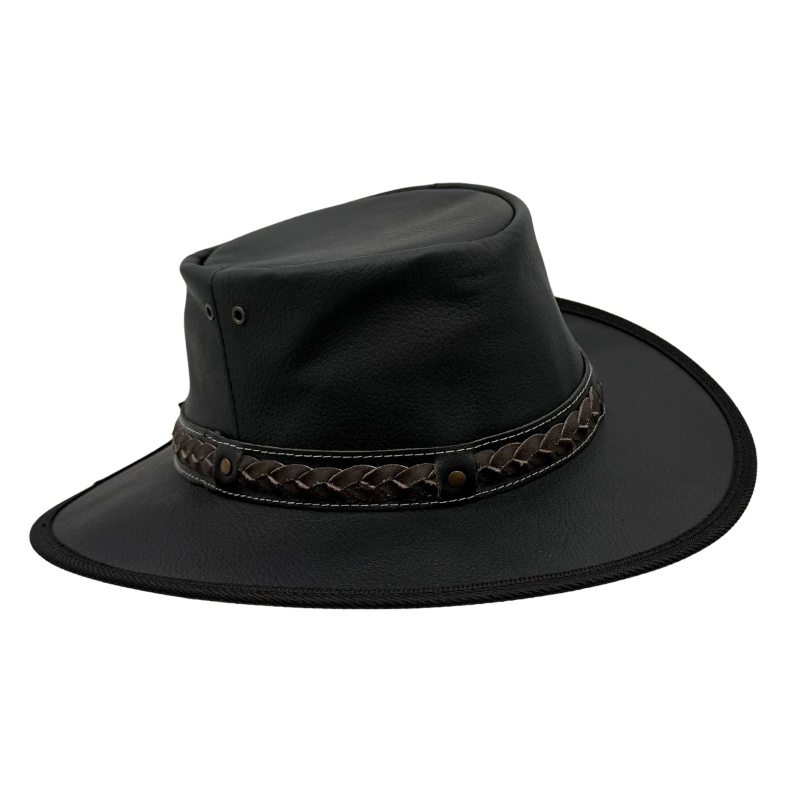Black wide-brimmed hat with braided band on a white background