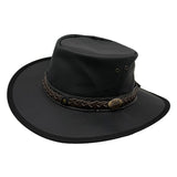 Black hat with braided leather band on a white background