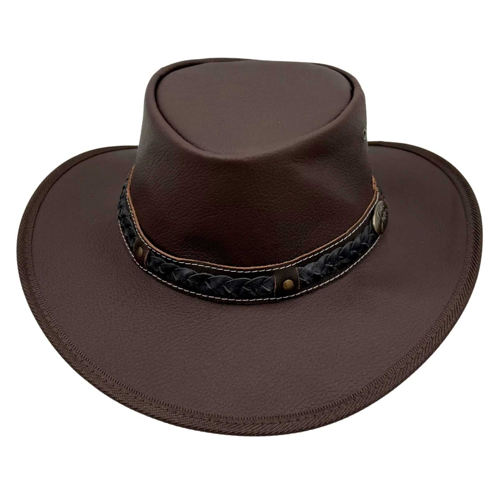 Brown leather hat with a braided band on a white background
