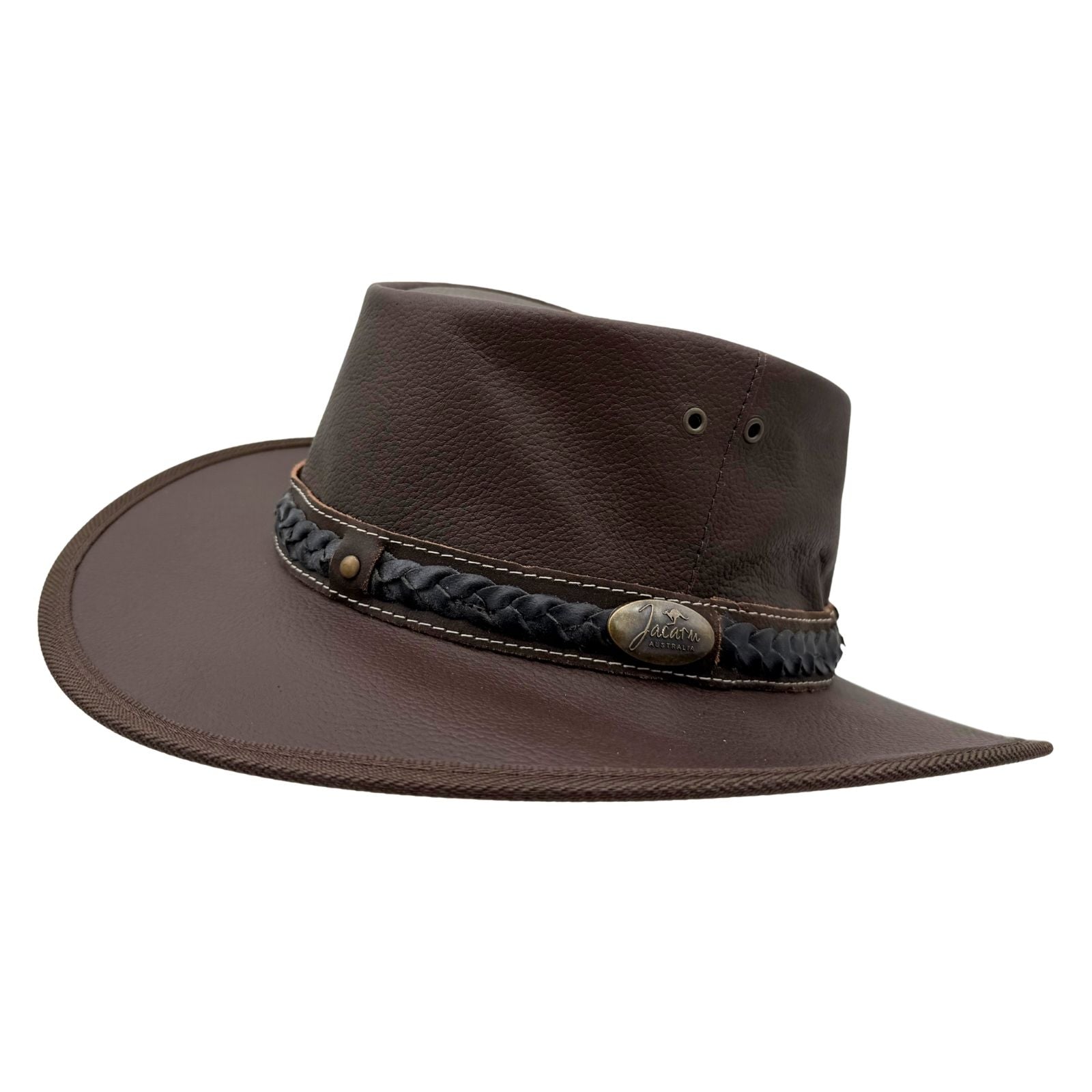 Brown leather hat with braided band and logo on a white background