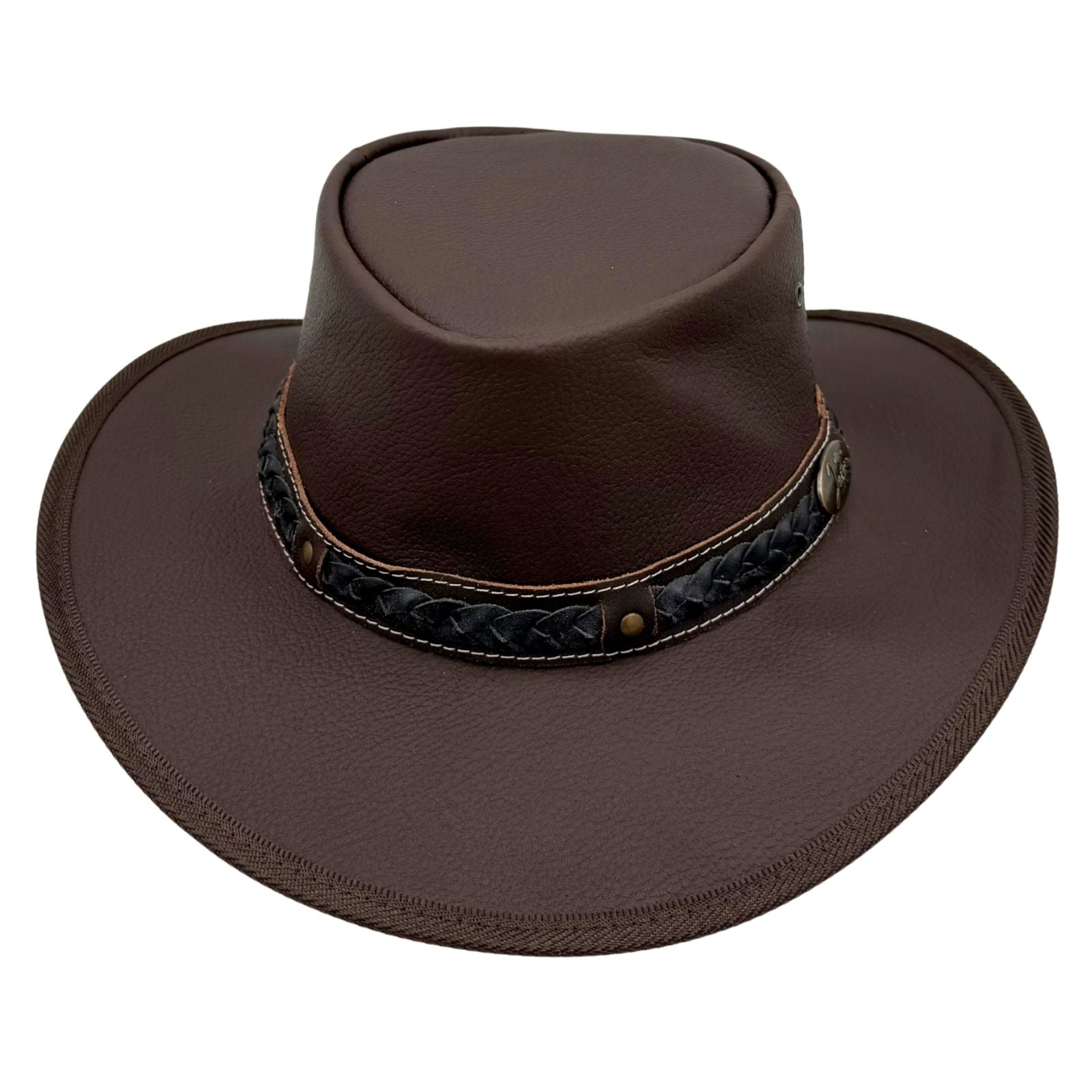 Brown leather hat with a braided band on a white background